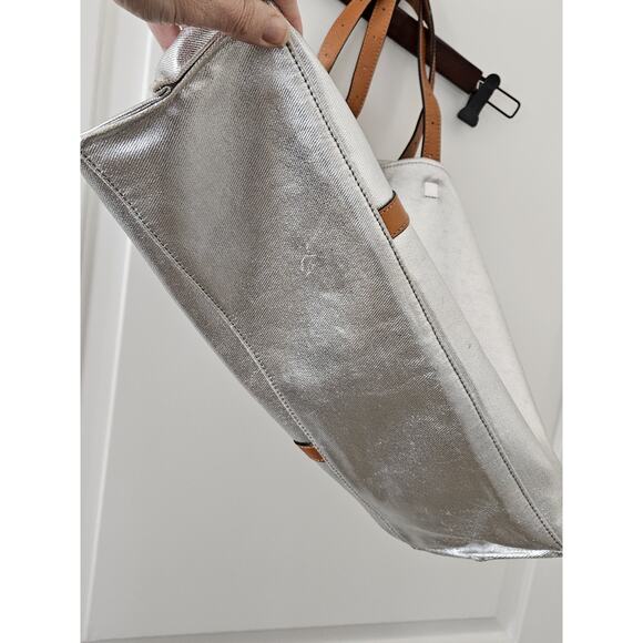 KATE SPADE SATURDAY Silver Metallic Canvas Large Tote Bag Purse Double Straps - Picture 4 of 11